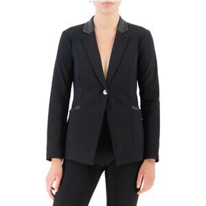Elaine Kim Tech Stretch‎ Black Vegan Leather Trim Blazer